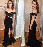 Elegant Off the Shoulder Black Lace Appliques Prom Dresses, Sweetheart Formal Dresses SJS15186