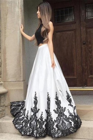 Black Amd White 2 Pieces Long Lace Satin Open Back Prom Dresses