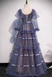 Elegant A Line Long Sleeve Tulle Round Neck Long Prom Dresses Lace up Evening Dresses SJS15146