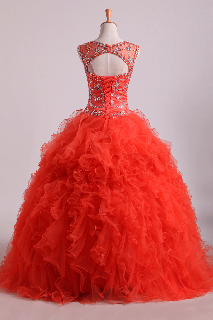 Scoop Quinceanera Dresses Tulle Ball Gown Floor Length With Beading