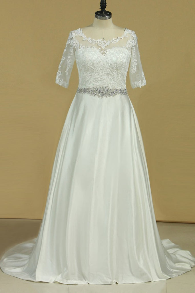 Plus Size Mid-Length Sleeve Wedding Dresses Scoop Satin With Applique
