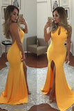 New Arrival Scoop Prom Dresses Sheath Satin With Slit Open Back