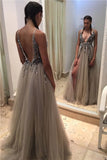 New Arrival V Neck Open Back Prom Dresses A Line Tulle With Beading