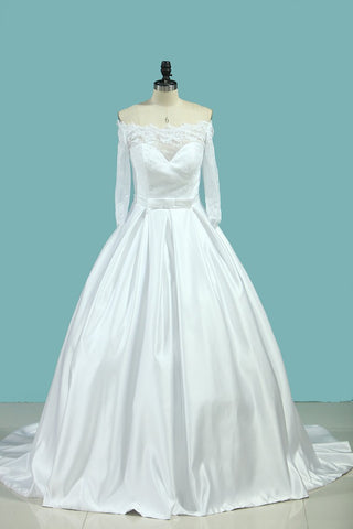 Boat Neck Wedding Dresses Mid-Length Sleeves Satin With Applique