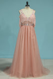 Straps With Beads A Line Prom Dresses Tulle & Lace Open Back