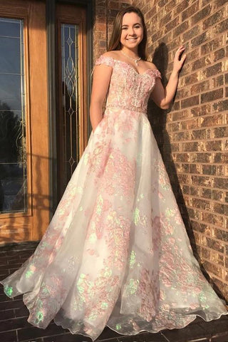 Luxury Off the Shoulder Sweetheart Pink Lace Appliques Prom Dress with SJS20424