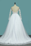 Wedding Dresses Bateau Long Sleeves A Line With Applique Tulle Open Back