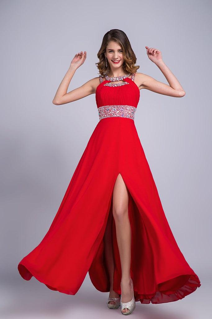 Scoop Prom Dresses A Line Sweep/Brush Red Open Back