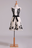 Straps A Line Chiffon Prom Dress Short With Black Applique & Sash