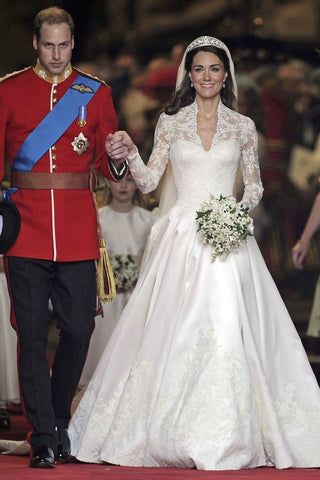 Luxury Wedding Dresses A-Line V-Neck Satin Royal Train Long Sleeves