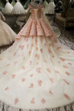 Pink Wedding Dresses Off-The-Shoulder Chapel Train High Quality Lace Corset Back