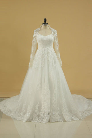 Long Sleeves Wedding Dresses Tulle With Applique A Line