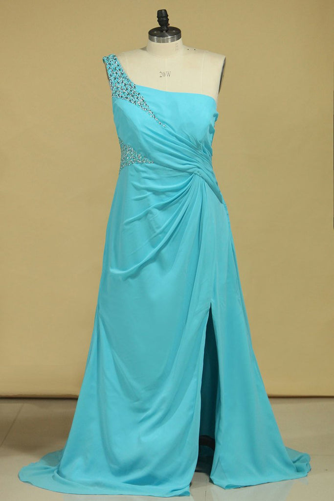Prom Dresses One Shoulder With Slit And Beads Chiffon