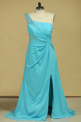 Prom Dresses One Shoulder With Slit And Beads Chiffon