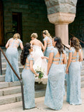 Mermaid Lace Baby Blue V Neck Bridesmaid Dresses for Wedding SJS20425