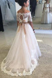 A Line Off the Shoulder Half Sleeve Flower Girl Dresses with Lace up, Wedding Party Dresses SJS15550