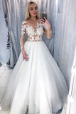Charming Long Sleeve White Tulle Prom Dresses with Appliques, Long Evening Dress SJS15105
