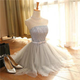 Cute A Line Sleeveless Scoop Short Silver Lace up Tulle Homecoming Dresses with Bowknot JS589