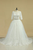 Scoop Mid-Length Sleeves Wedding Dresses A Line Tulle With Applique & Beads