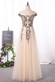Tulle Prom Dresses A Line Bateau Cap Sleeve With Beads Open Back