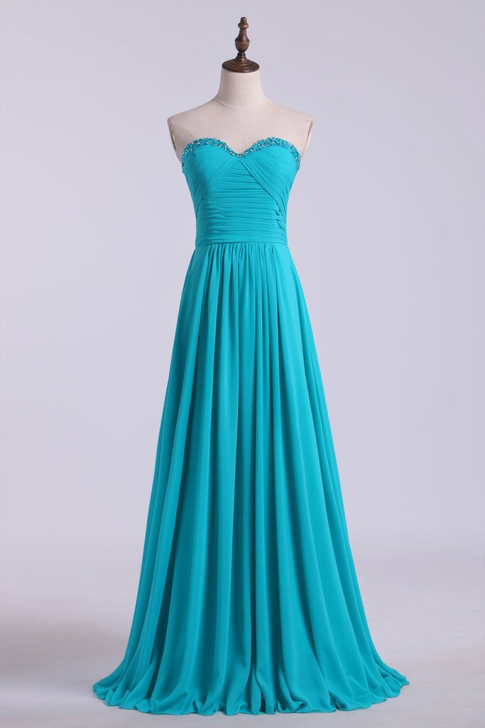 Sweetheart Neckline With Beads Pleated Bodice Floor Length Flowing Chiffon Skirt