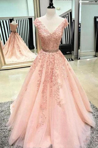 Tulle Appliques A-Line V-Neck  Prom Dresses WIth Court Train