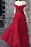 Prom Dresses A Line Off The Shoulder Tulle With Applique And Sash