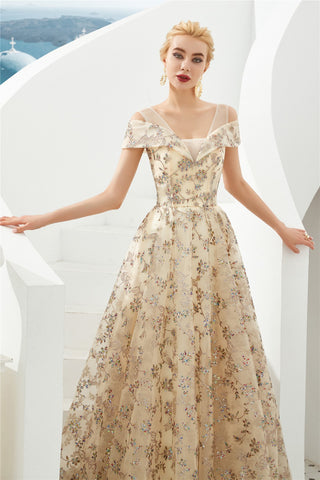 Elegant A Line V Neck Off the Shoulder Beads Prom Dresses with Lace SJS20414