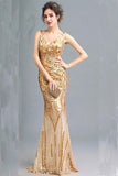 Fashion Sparkly Golden Sequins Mermaid Backless Sleeveless Floor-Length V-Neck Prom Dresses JS244