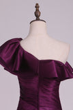 One Shoulder Satin With Ruffles Prom Dresses Sweep Train