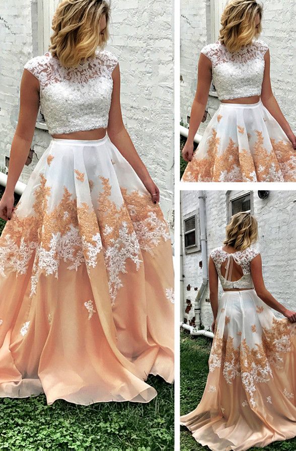 A-line Two Piece Long Floor Length Scoop White Lace Prom Dresses with Open Back JS774