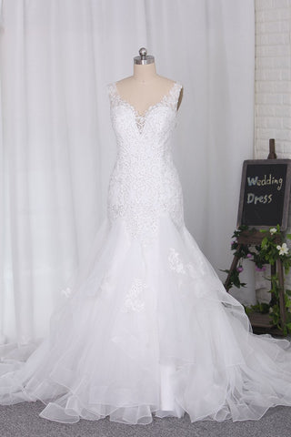 Wedding Dresses V Neck Open Back Tulle With Applique And Beads Mermaid