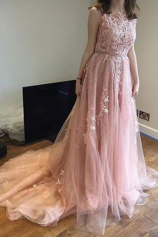 Charming Pink Lace Tulle Long A-line Open Back Elegant Little Train Wedding Dresses JS624