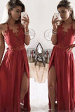 A Line Halter Lace Appliques V Neck Prom Dresses with Slit, Evening SJS20454