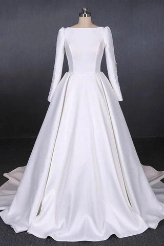 Ball Gown Long Sleeve White Satin Wedding Dresses, Long Simple Wedding Gowns SJS15060