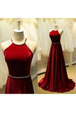 Spaghetti Straps Prom Dresses A Line Satin With Beading Sweep Train
