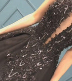 Sexy Ball Gown High Neck Black Tulle V Neck Sequins Party Dresses, Prom Dresses SJS15594