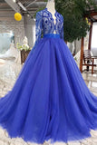 Long Sleeves V Neck Prom Dresses Tulle With Applique A Line Beads