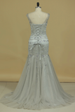 Straps Prom Dresses Mermaid With Beading Sweep Train