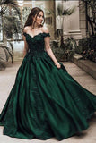 A-Line Ball Gown Off the Shoulder Green Sleeveless Sweetheart Lace Satin Prom Dresses JS555