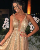 Charming Gold Sequins V Neck A Line Backless Prom Dresses, Formal SJS15627