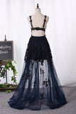 Open Back V Neck Prom Dresses A Line Tulle With Applique