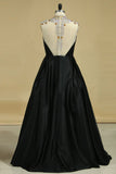 New Arrival Prom Dresses High Neck Satin With Beading A Line