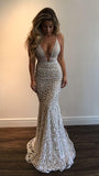 Gorgeous Deep V-Neck Spaghetti Straps Sleeveless Mermaid Long Prom Dresses JS768