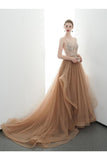 A-Line Spaghetti Straps Tulle Long Appliques Prom Dresses Formal Evening Dress