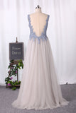 Sexy Open Back A Line Tulle With Applique Prom Dresses Floor Length