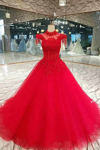 Gorgeous Red Wedding Dress Special Price High Neck Floor Length Lace Up