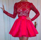 High Neckline Long Sleeves Red Lace Top Short Prom Dresses, Homecoming Dresses SJS15237