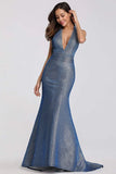Sexy V Neck Halter Blue Backless Prom Dresses, Cheap Long Party Dresses SJS15365