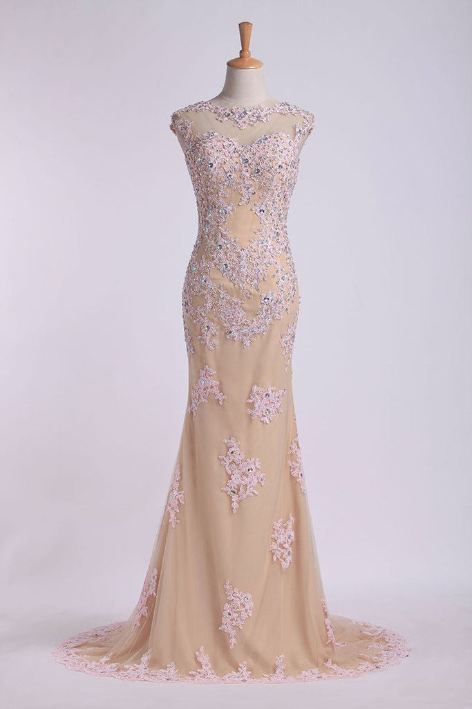 Mesh Illusion Scoop Neckline Cap Sleeve Prom Dress With Beads And Applique